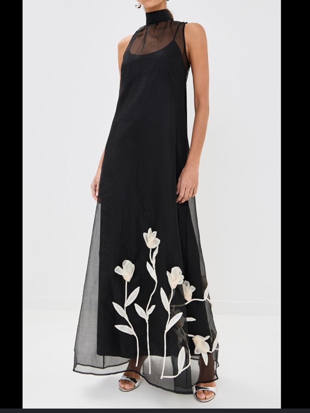 STAUD Black Sheer Maxi Dress with White Floral Appliqué - Picture 3 of 4